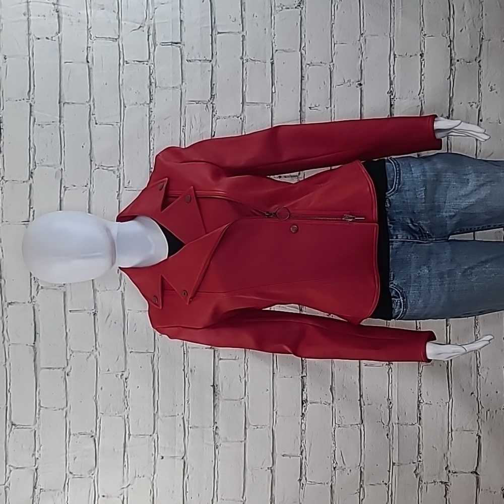 Akris Punto Asymmetric Zip Fitted Lux Nappa Leather Biker Jacket in Red - NWOT - Picture 1 of 17
